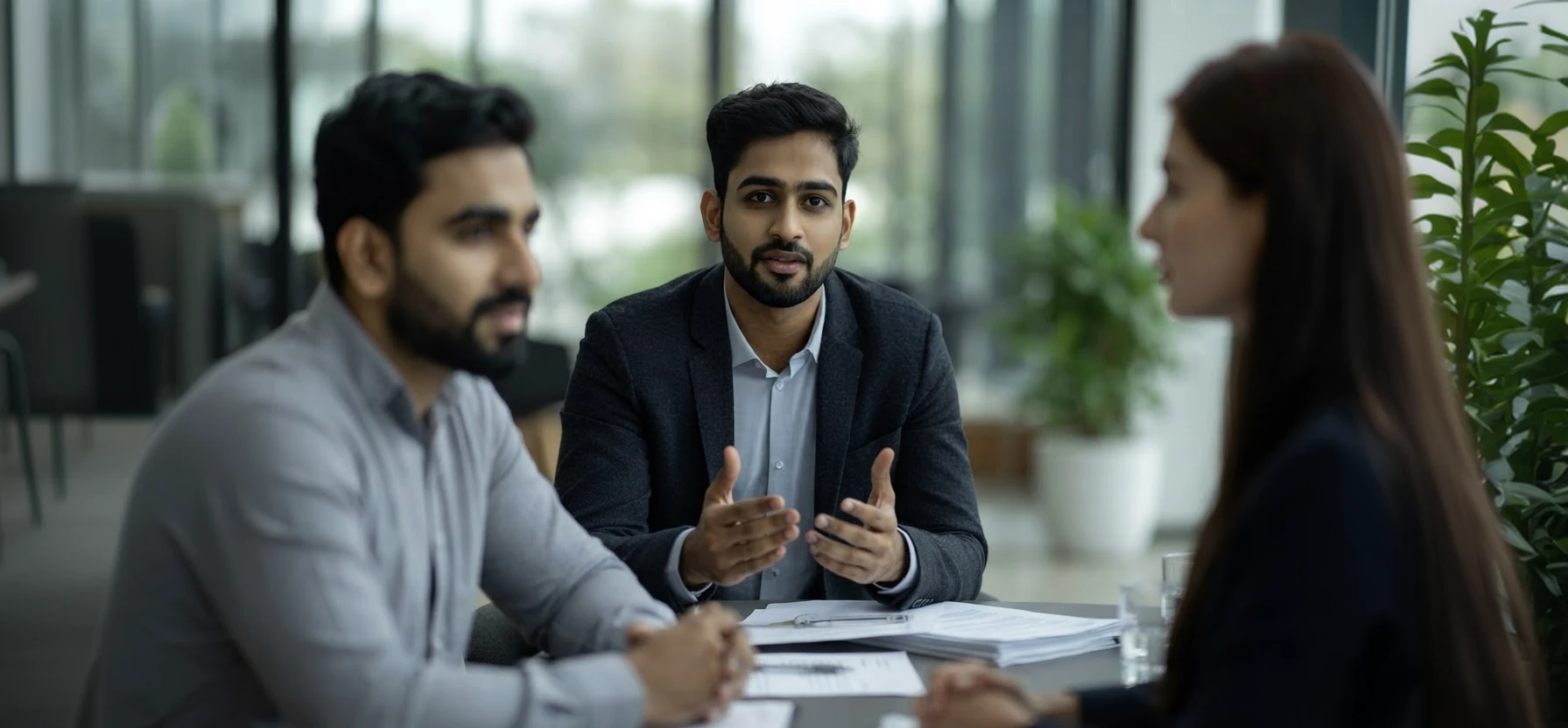 A small team in a client meeting around a table
