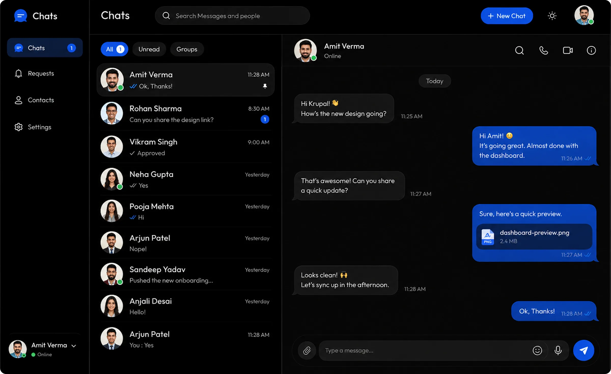 ChatVia desktop chat app in dark mode showing the chat list and an open conversation