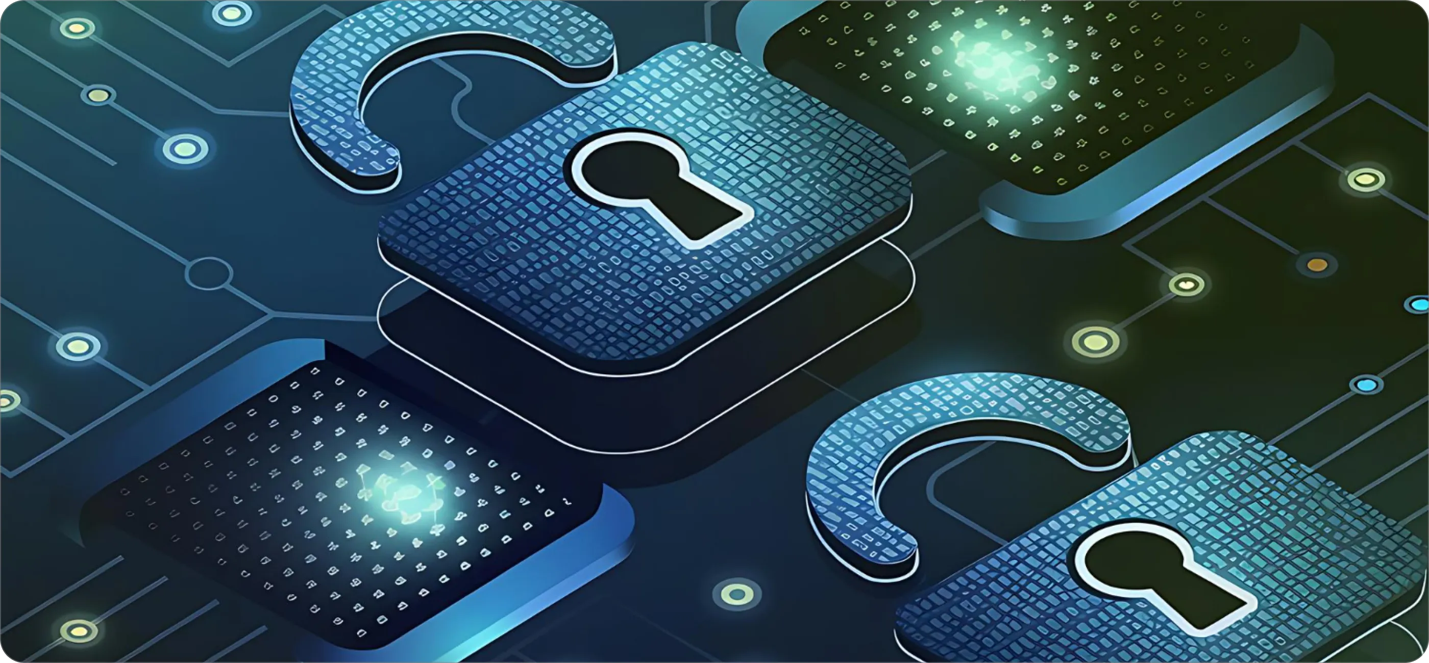 Padlocks over a circuit board, illustrating message data encrypted at rest