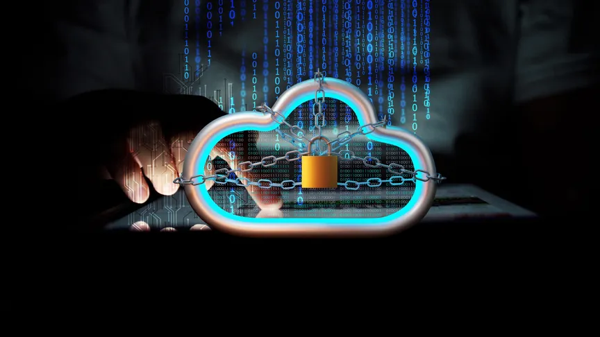Encrypted data held in a cloud, over a wall of binary