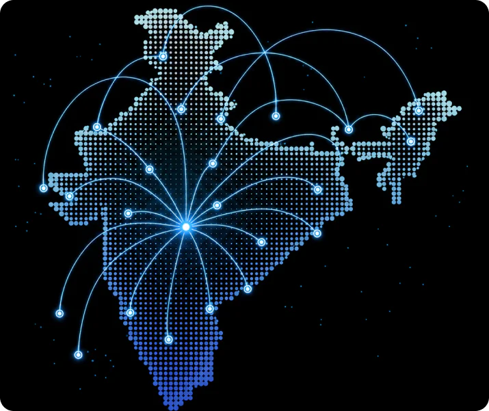 Map of India as a dotted grid with connected city nodes, showing ChatVia data stored on India-resident servers in Mumbai