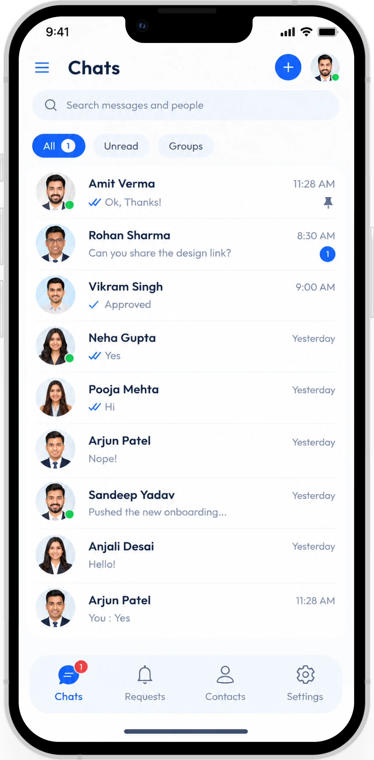 ChatVia mobile chat app showing the chat list on a phone