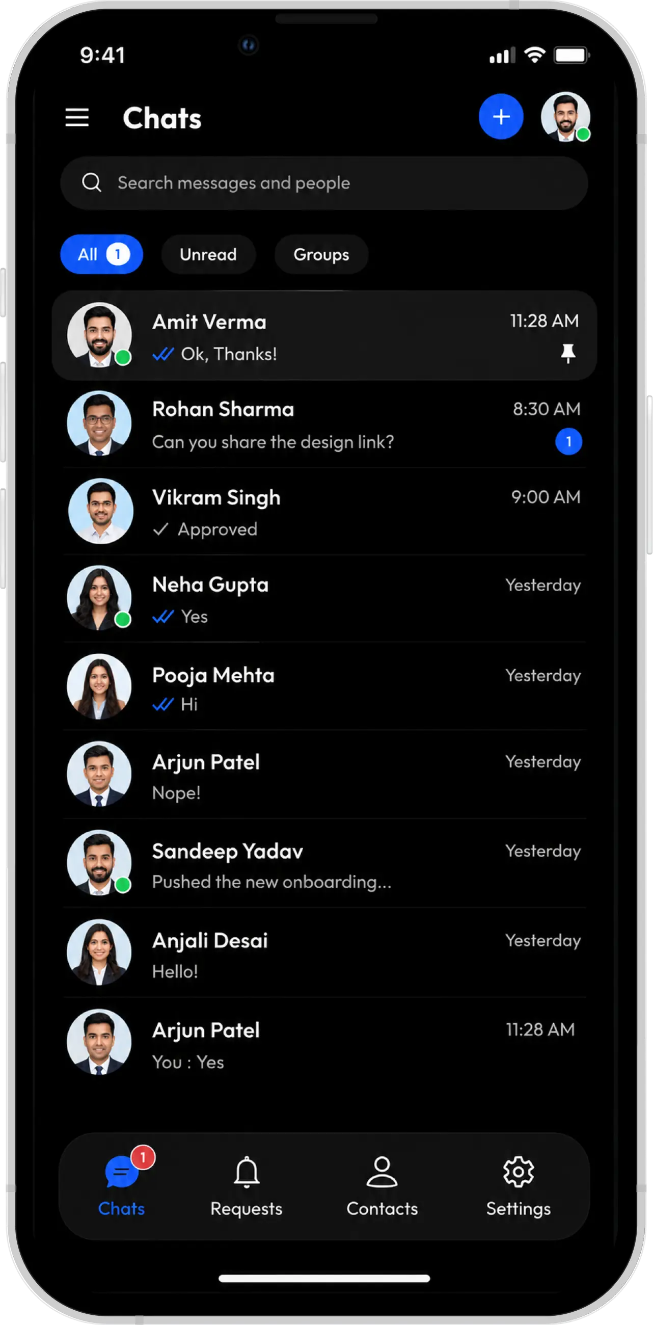 ChatVia mobile chat app showing the chat list on a phone