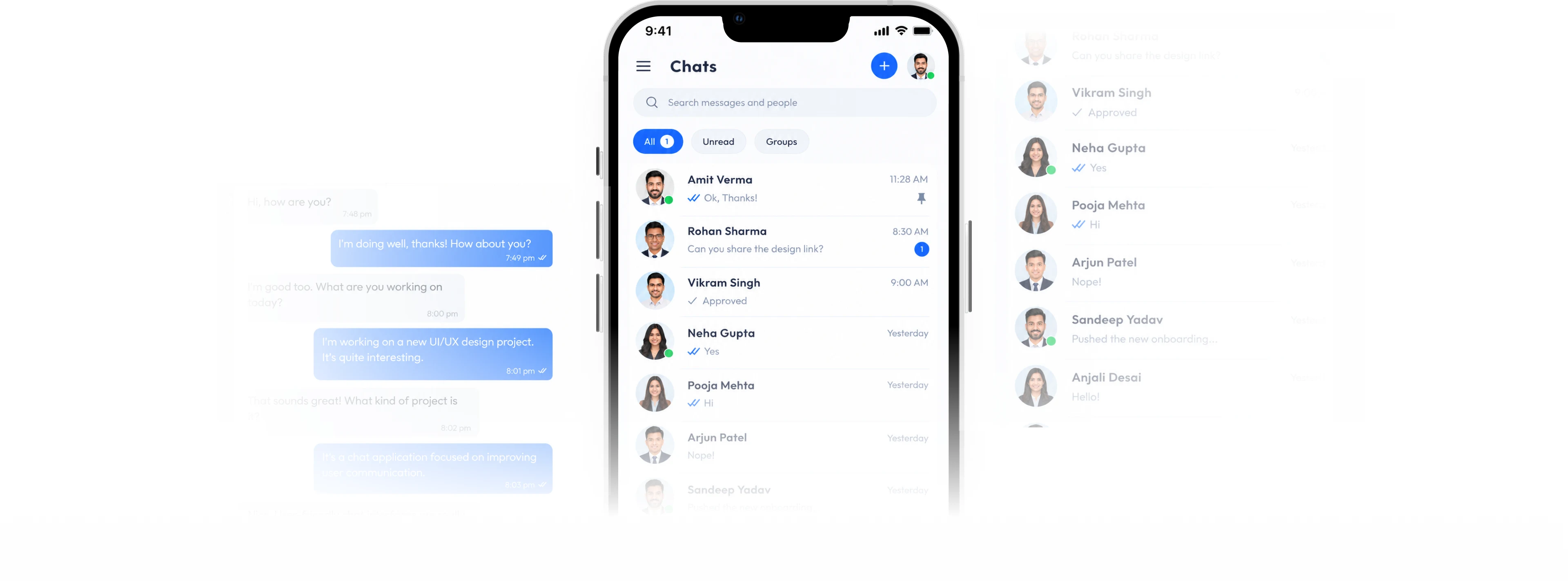 ChatVia open on a phone between two desktop conversation panes, showing the same chat history on every device