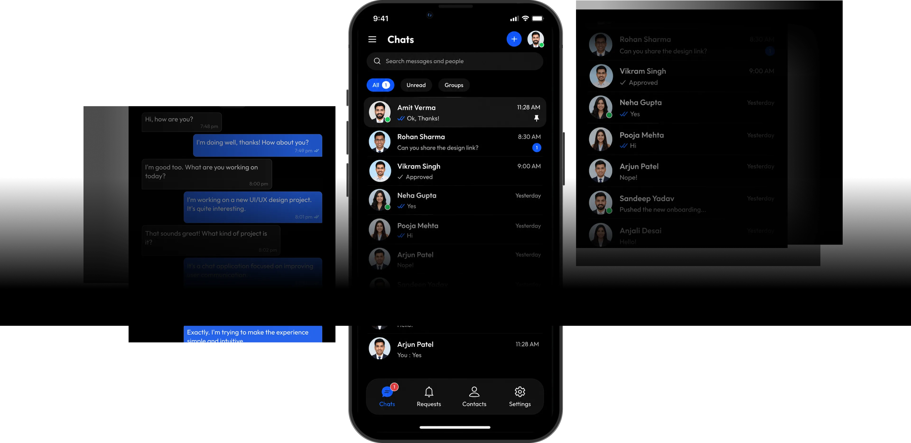 ChatVia open on a phone between two desktop conversation panes, showing the same chat history on every device