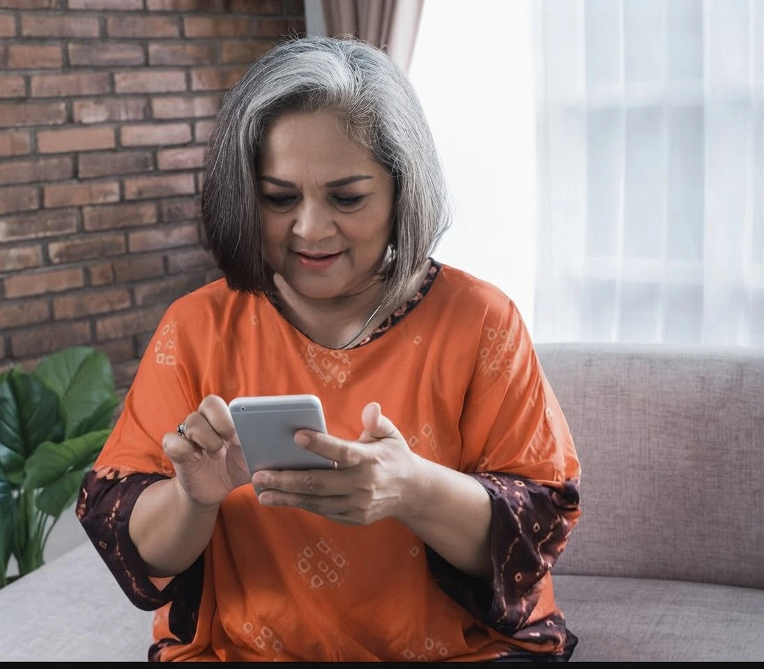 A woman reading a message on her phone at home